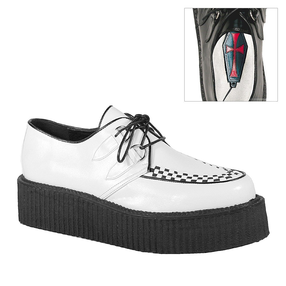 Too Fast | Demonia V Creeper 502 | White Vegan Leather Unisex Creepers