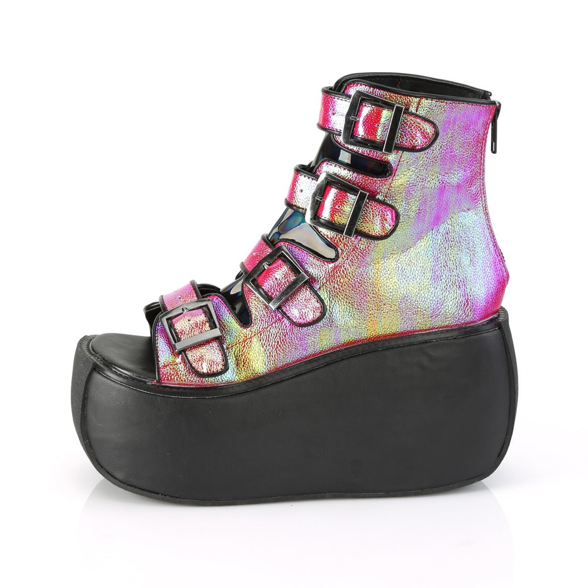 Too Fast | Demonia Violet 150 | Pink &amp; Green Iridescent Vegan Leather Women&#39;s Ankle Boots