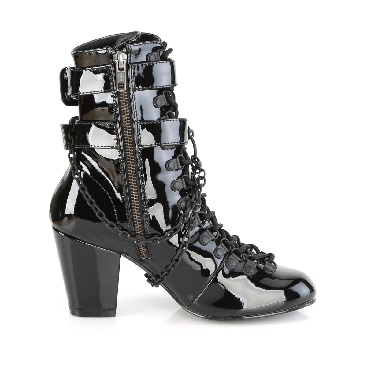 Too Fast | Demonia Vivika 128 | Black Patent Leather Women&#39;s Ankle Boots