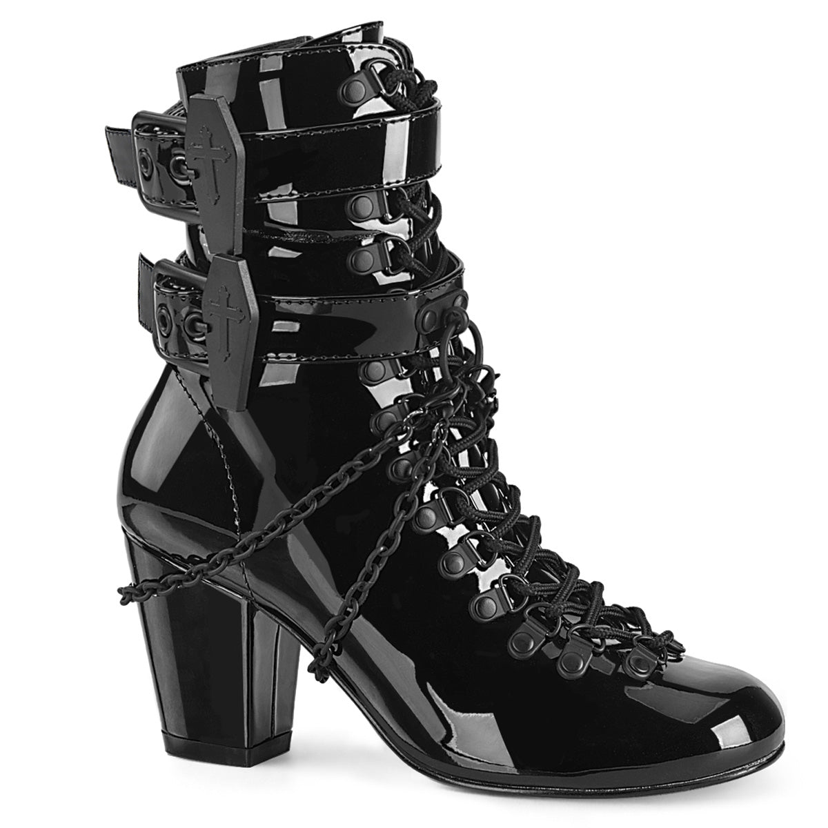 Too Fast | Demonia Vivika 128 | Black Patent Leather Women&#39;s Ankle Boots