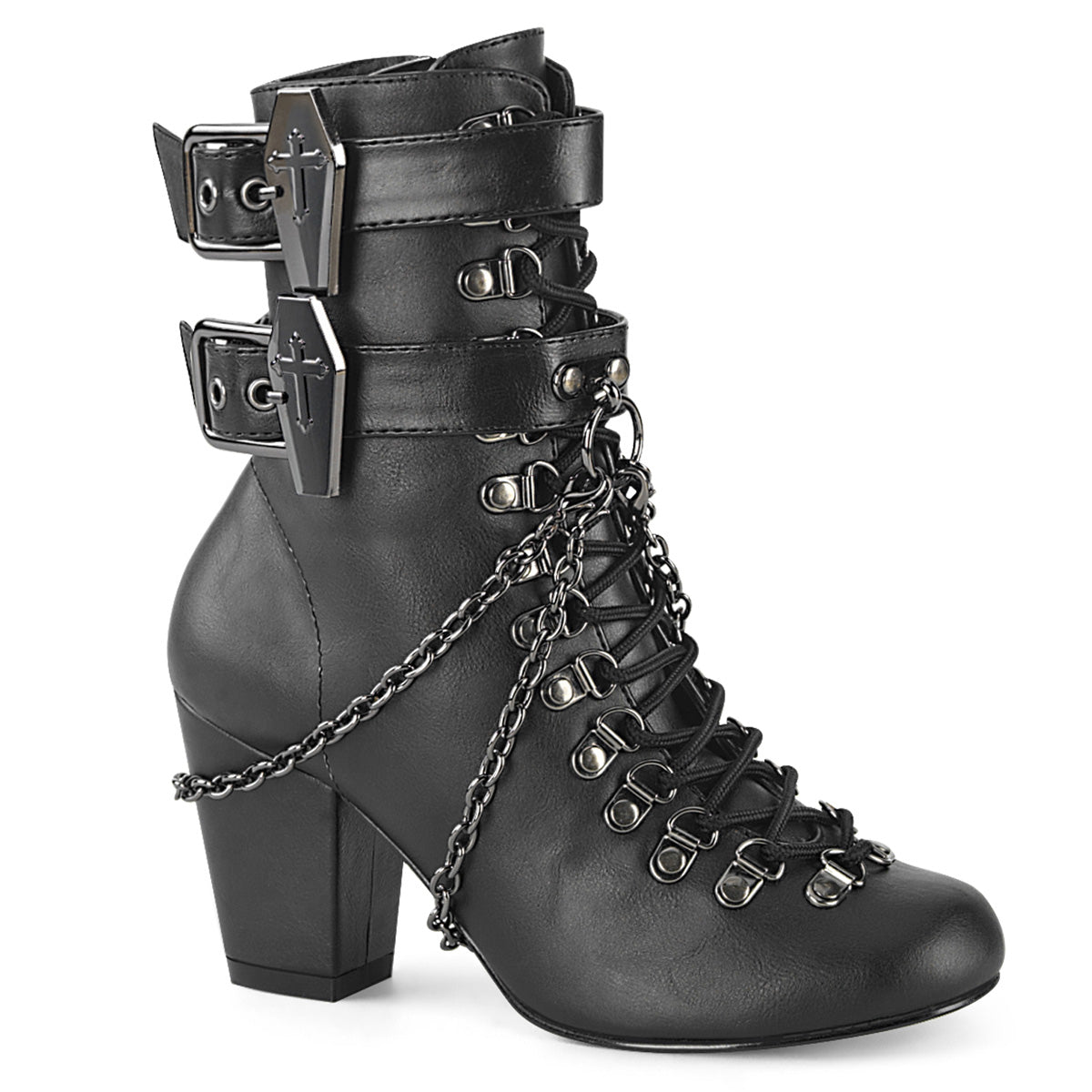 Too Fast | Demonia Vivika 128 | Black Vegan Leather Women&#39;s Ankle Boots