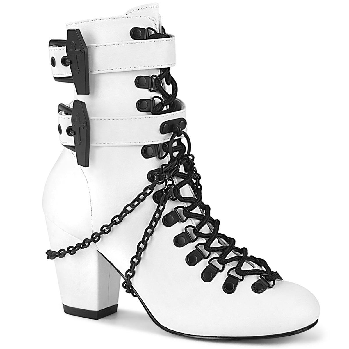 Too Fast | Demonia Vivika 128 | White Vegan Leather Women&#39;s Ankle Boots