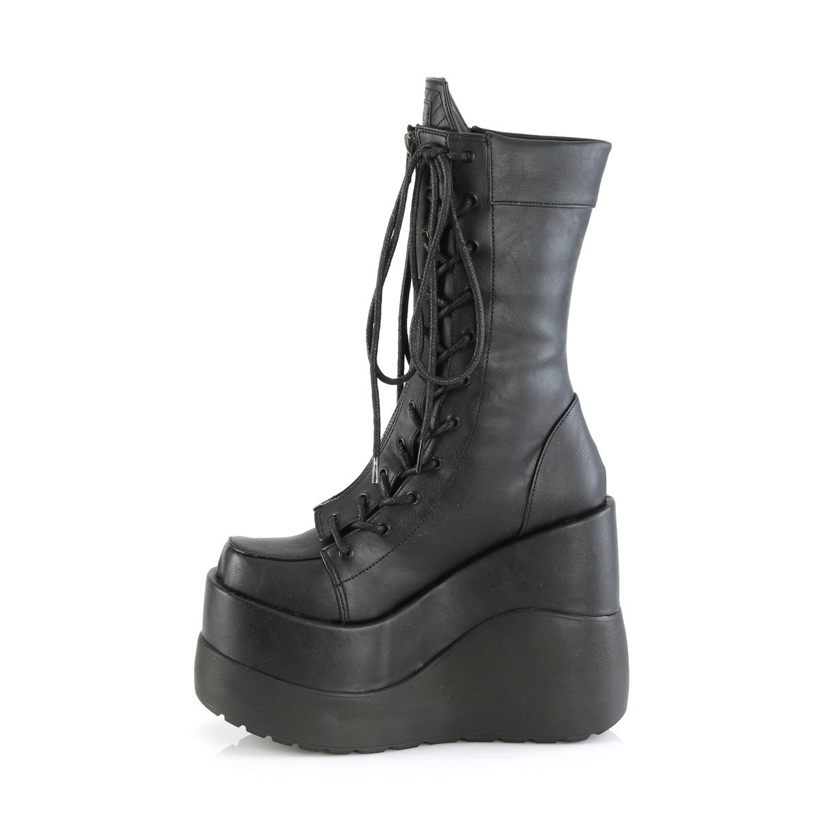 Too Fast | Demonia Void 118 | Black Vegan Leather &amp; Patent Leather Women&#39;s Mid Calf Boots