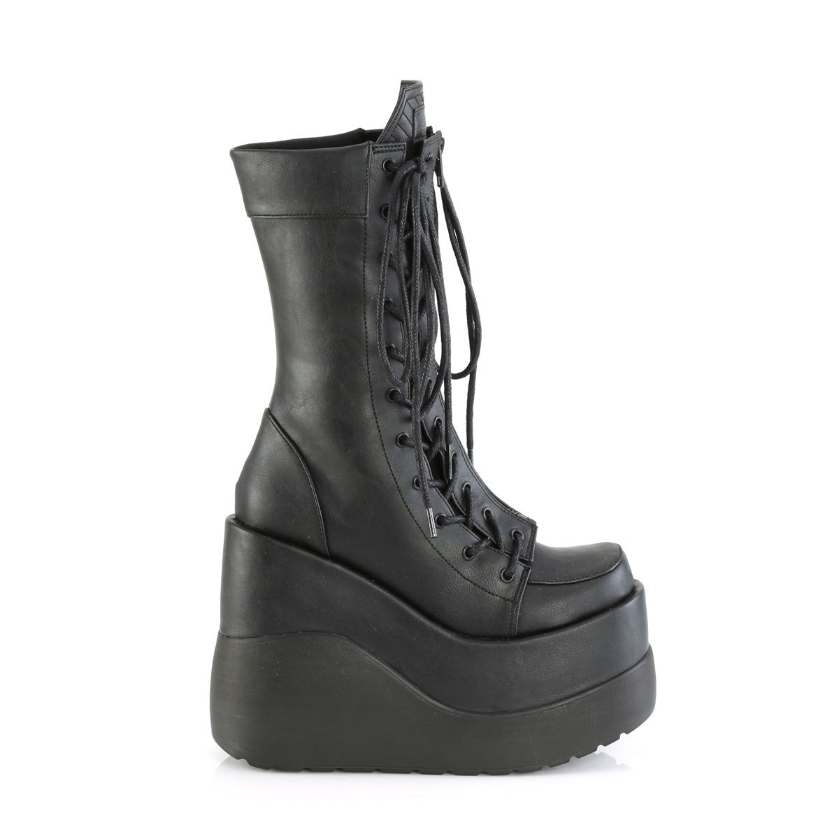 Too Fast | Demonia Void 118 | Black Vegan Leather &amp; Patent Leather Women&#39;s Mid Calf Boots