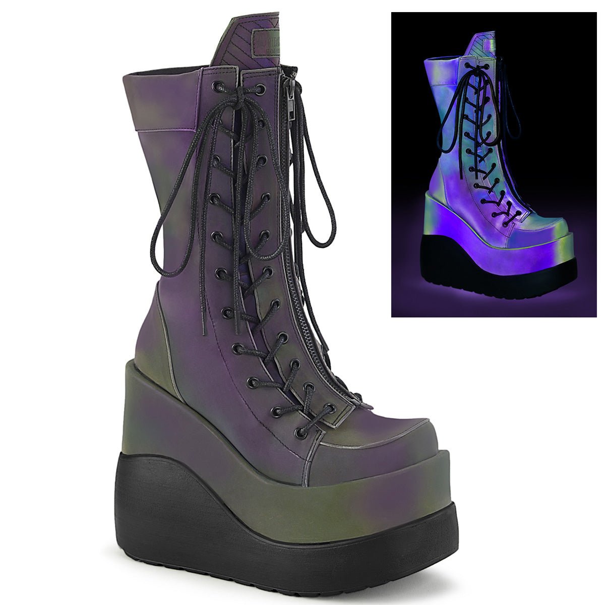 Too Fast | Demonia Void 118 | Green Reflective Women&#39;s Mid Calf Boots