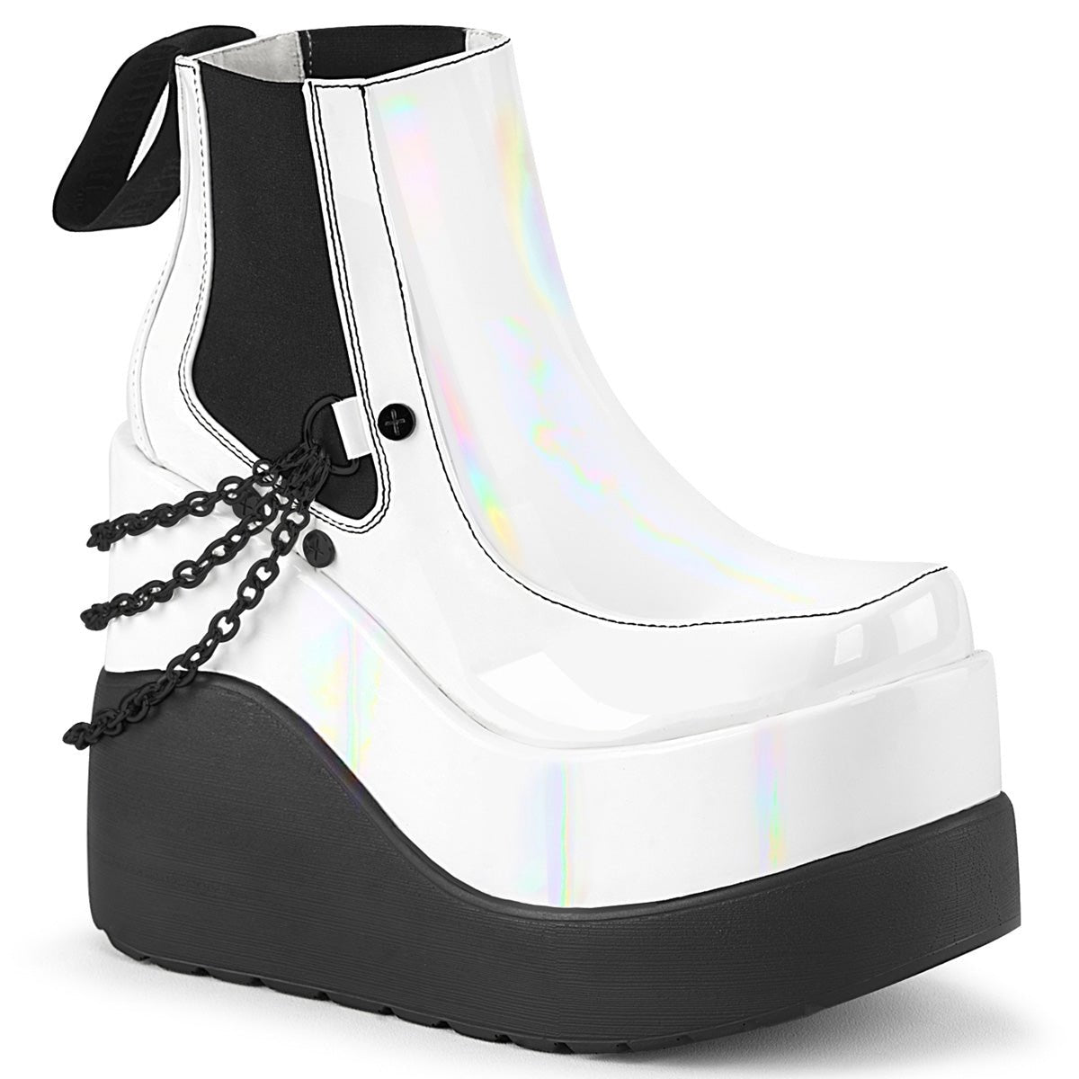 Too Fast | Demonia Void 50 | White Holographic Patent Women&#39;s Ankle Boots