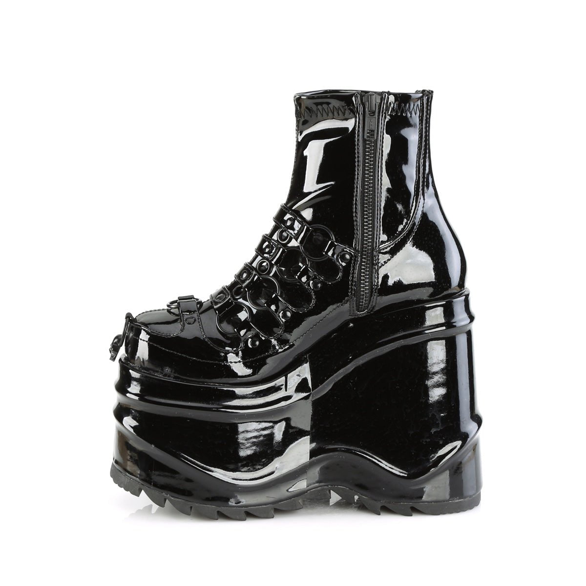 Too Fast | Demonia Wave 110 | Black Patent Leather Women&#39;s Ankle Boots