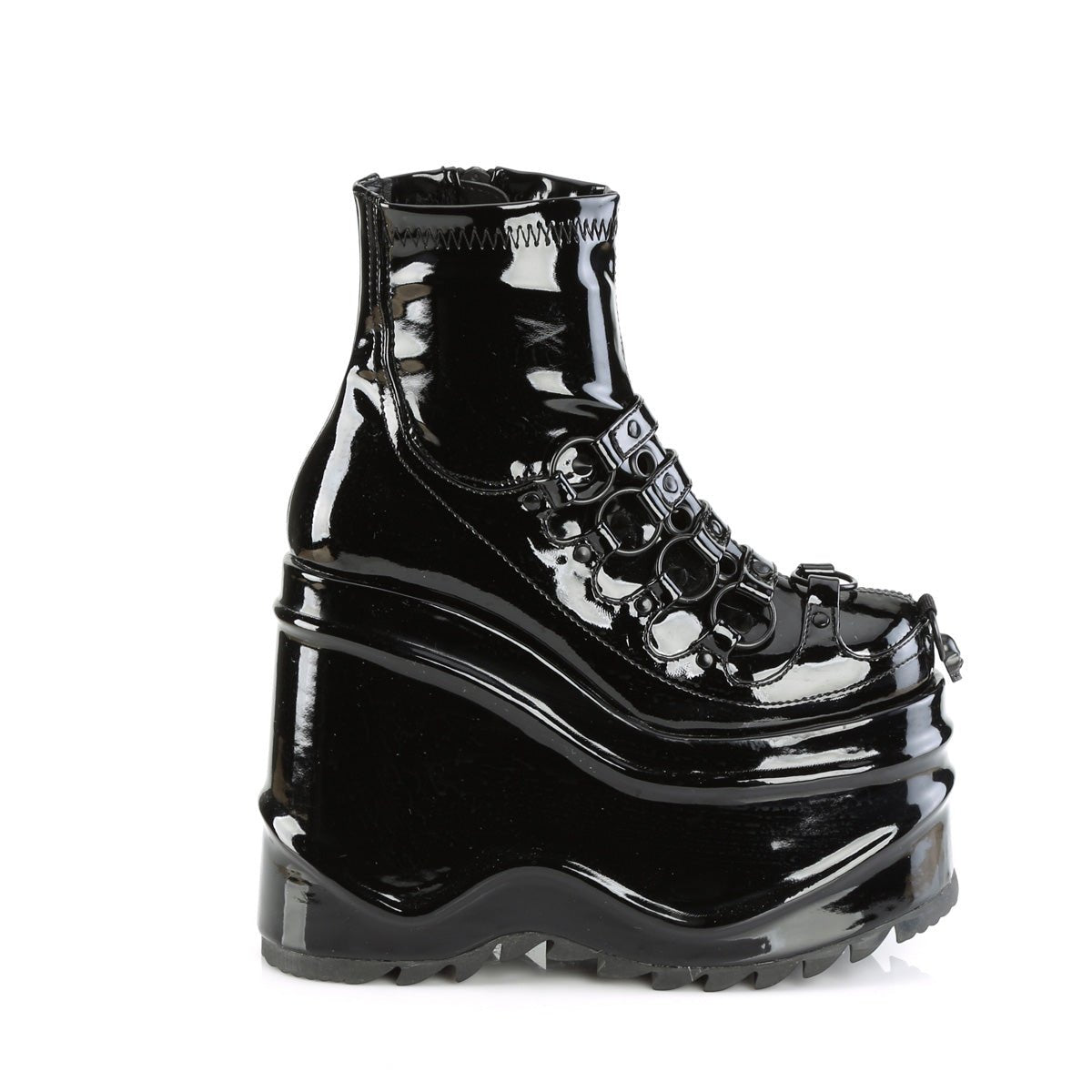 Too Fast | Demonia Wave 110 | Black Patent Leather Women&#39;s Ankle Boots