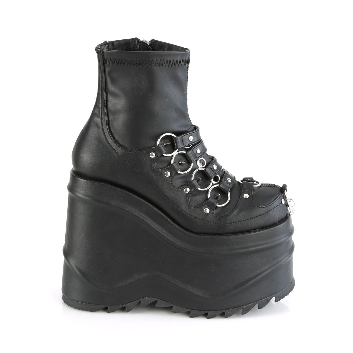 Too Fast | Demonia Wave 110 | Black Stretch Vegan Leather Women&#39;s Ankle Boots