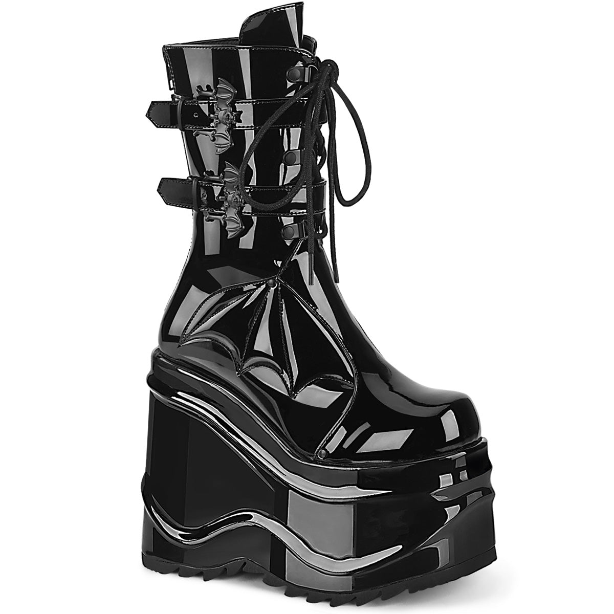 Too Fast | Demonia Wave 150 | Black Patent Leather Women&#39;s Mid Calf Boots
