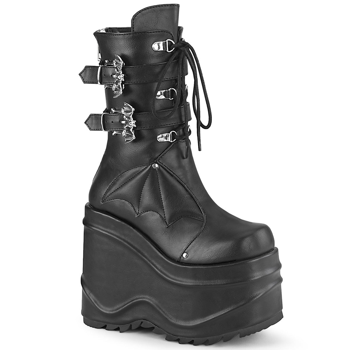 Too Fast | Demonia Wave 150 | Black Vegan Leather Women&#39;s Mid Calf Boots