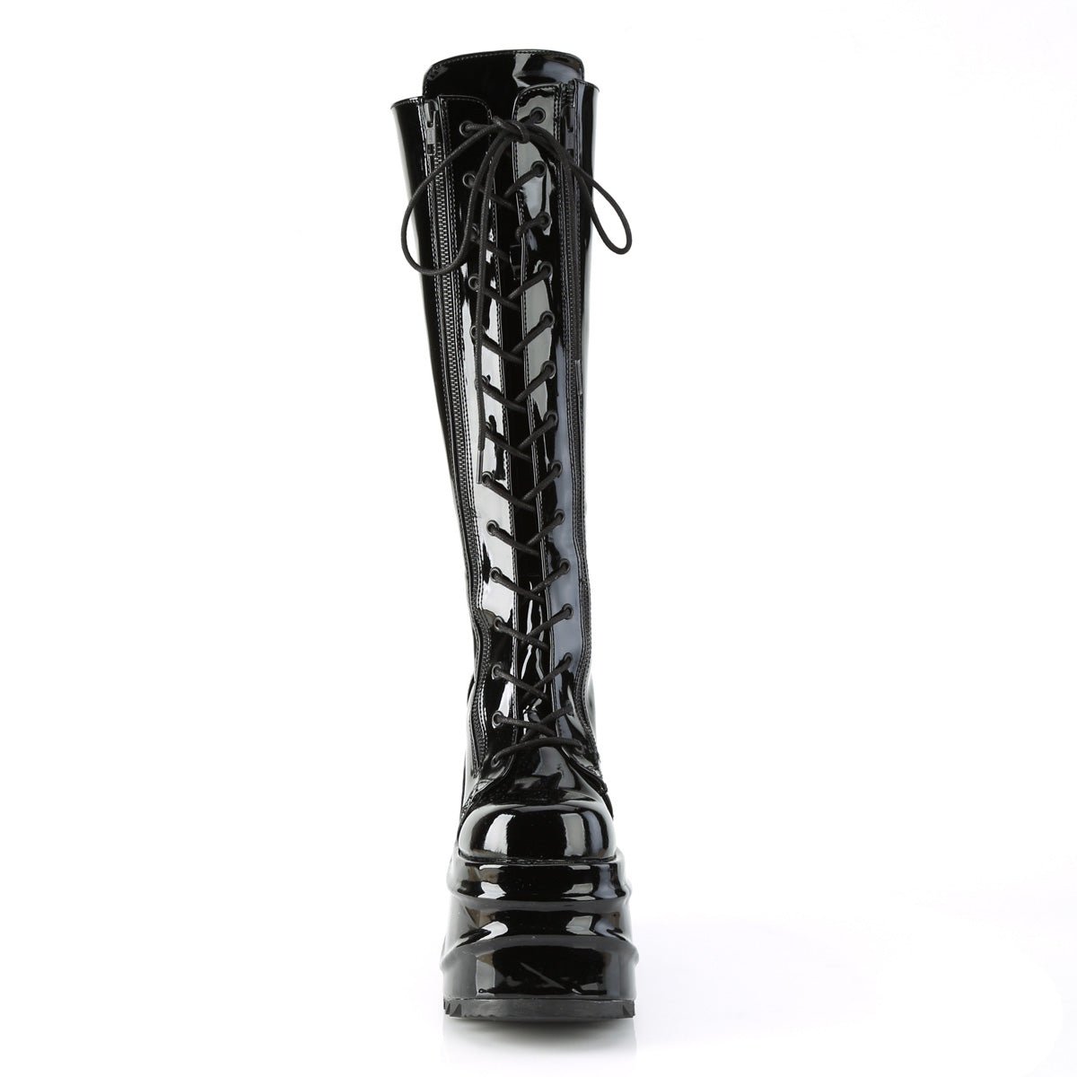 Too Fast | Demonia Wave 200 | Black Patent Leather Women&#39;s Knee High Boots