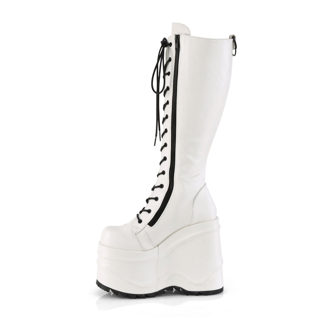 Too Fast | Demonia Wave 200 | White Vegan Leather Women&#39;s Knee High Boots