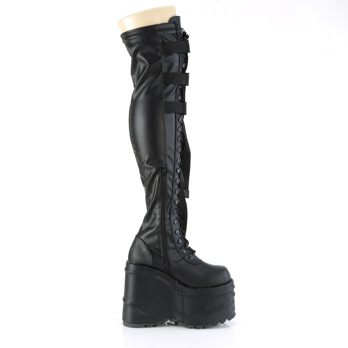 Too Fast | Demonia Wave 315 | Black Stretch Vegan Leather Women's Over The Knee Boots