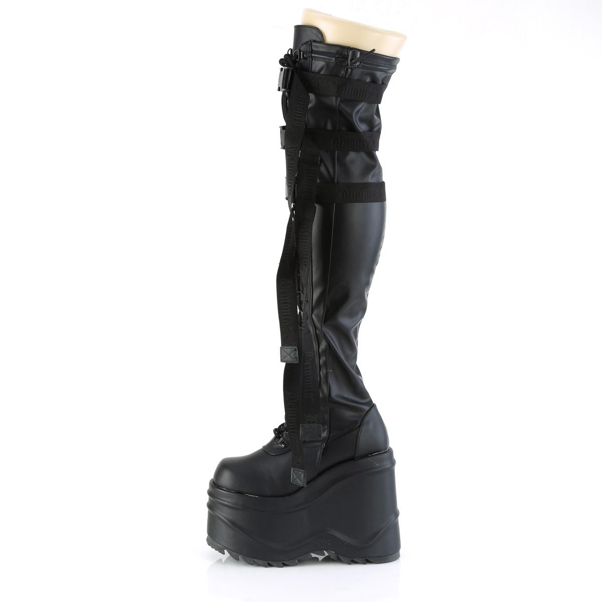Too Fast | Demonia Wave 315 | Black Stretch Vegan Leather Women&#39;s Over The Knee Boots