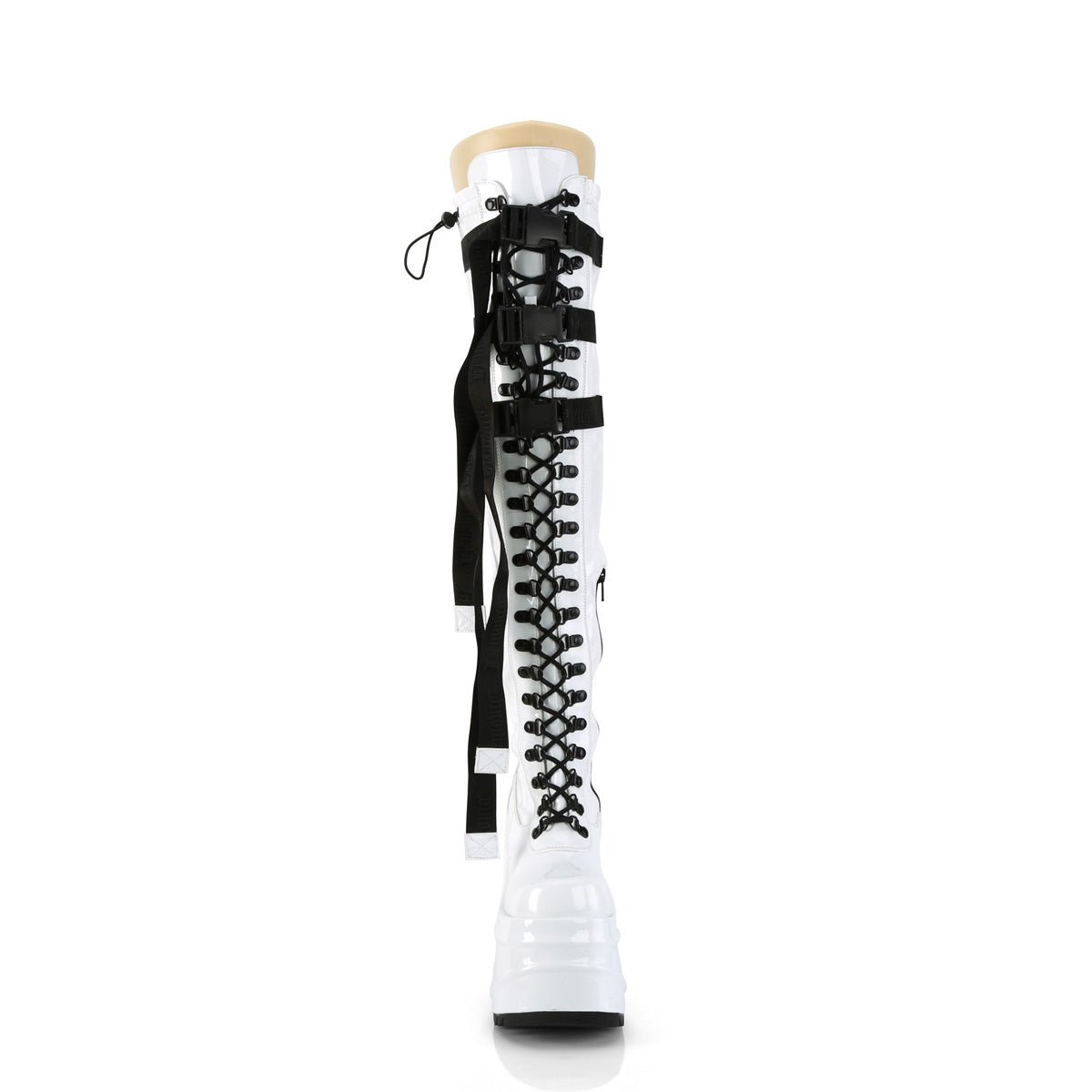 Too Fast | Demonia Wave 315 | White Stretch Patent Leather Women's Over The Knee Boots