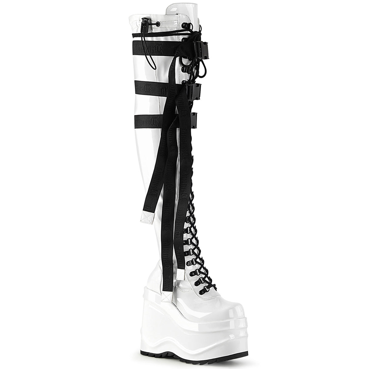 Too Fast | Demonia Wave 315 | White Stretch Patent Leather Women's Over The Knee Boots