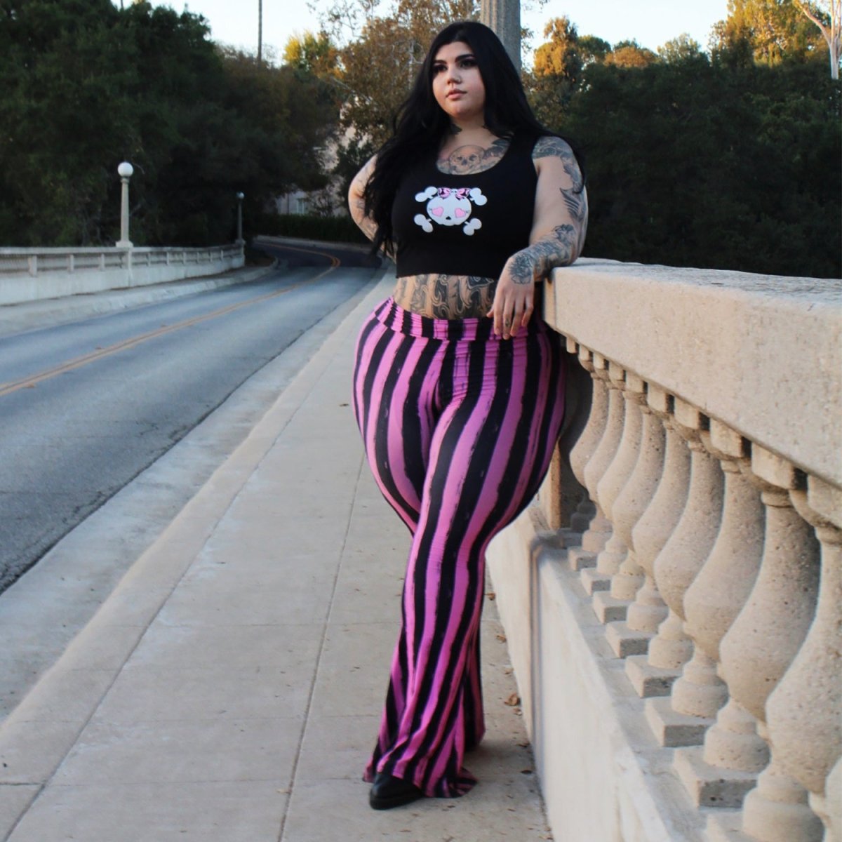 Women's Black & Hot Pink Striped Flare Pants