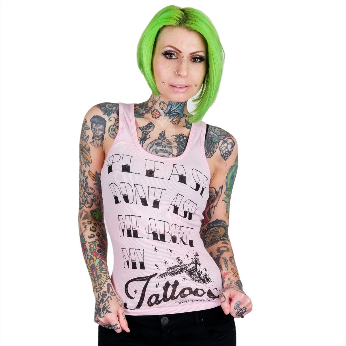 Too Fast | Don&#39;t Ask About My Tattoos Pink Racerback Tank Top