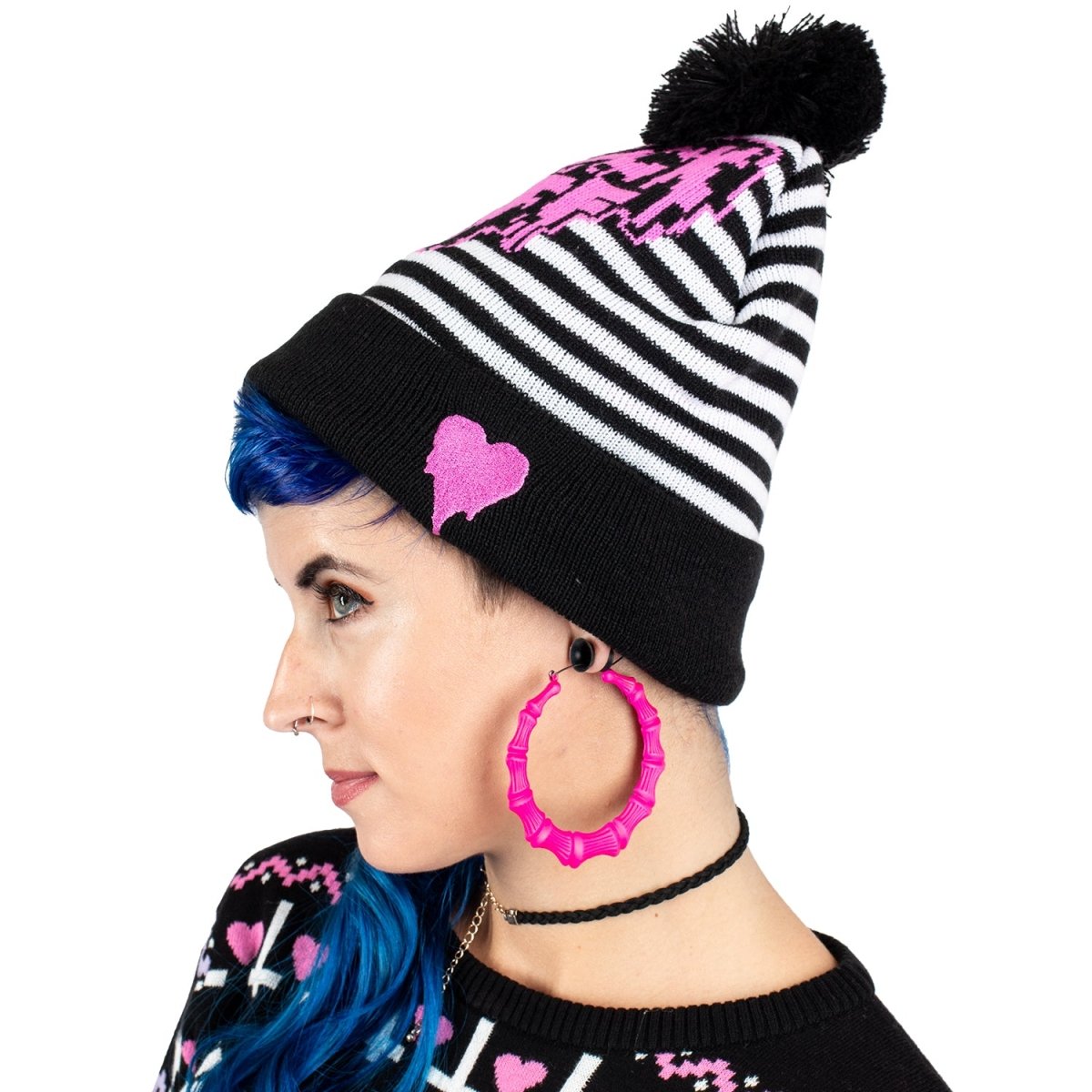 F Off Heart Striped Pom Pom Knit Beanie