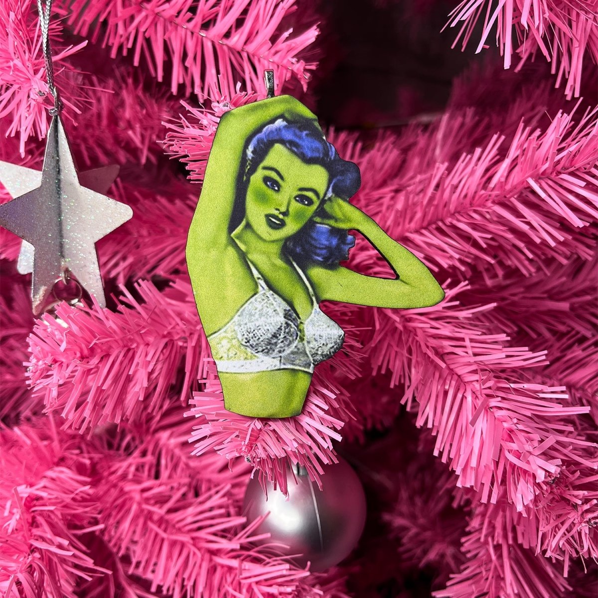 Too Fast | Iamsonotcool | Green Pinup Girl Christmas Ornament