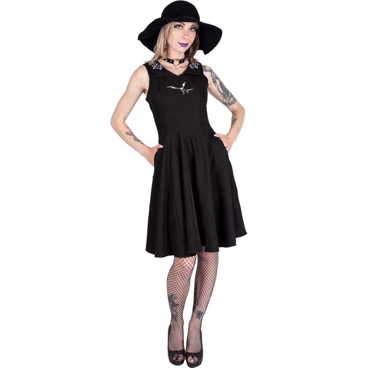 Too Fast | Orchid Bloom | Flying Bats & Web Collar Swing Dress