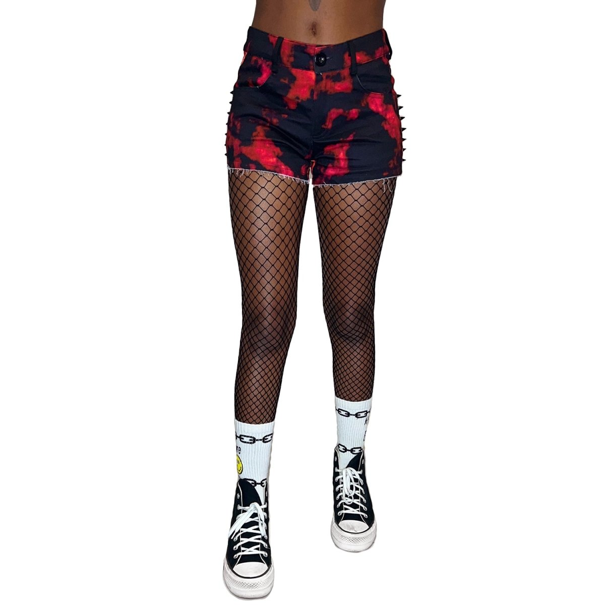 Too Fast Pentagram Red Tie Dye Studded Stretch Denim Shorts Medium