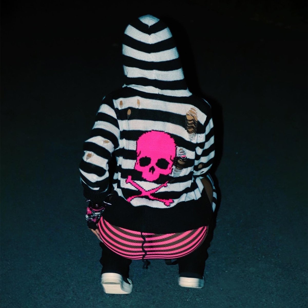 Too Fast | Pink Skull Striped Zip Up Long Sleeve Cardigan Sweater