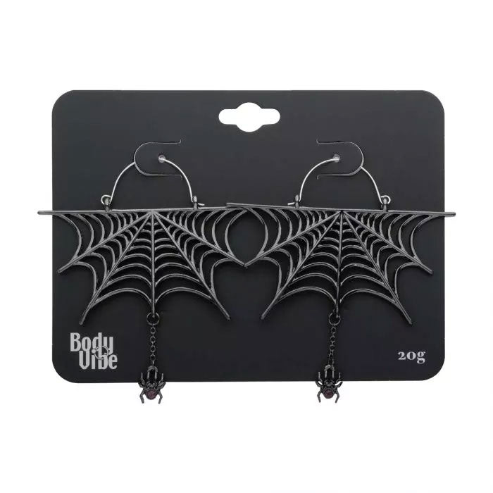 Too Fast | Plug Friendly Hoop Earrings | Black Spiderweb with Dangle Spider