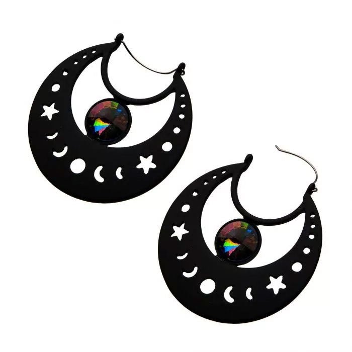 Too Fast | Plug Friendly Hoop Earrings | Cut Out Moon Phase with Vitrail Gem