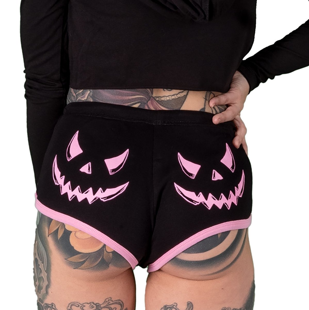 Too Fast | Pumpkin Face Pink Trim Dolphin Shorts