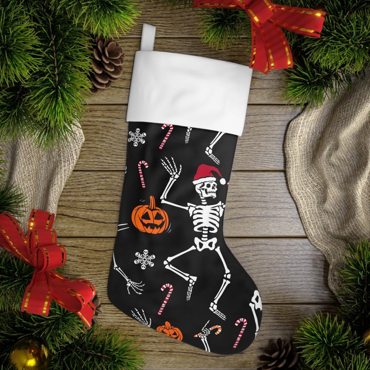 Too Fast | Pumpkins and Santa Skeletons Holiday Christmas Stocking