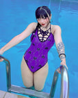Too Fast | Purple Spider Hearts Web Caged One Piece Swimsuit