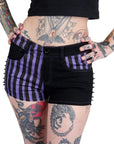 Too Fast | Purple Striped Bat Studded Stretch Denim Shorts
