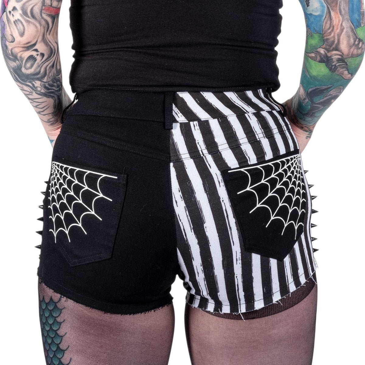 Spiderweb Striped Studded Denim Shorts – Too Fast
