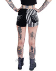 Too Fast | Spiderweb Black and White Striped Studded Stretch Denim Shorts