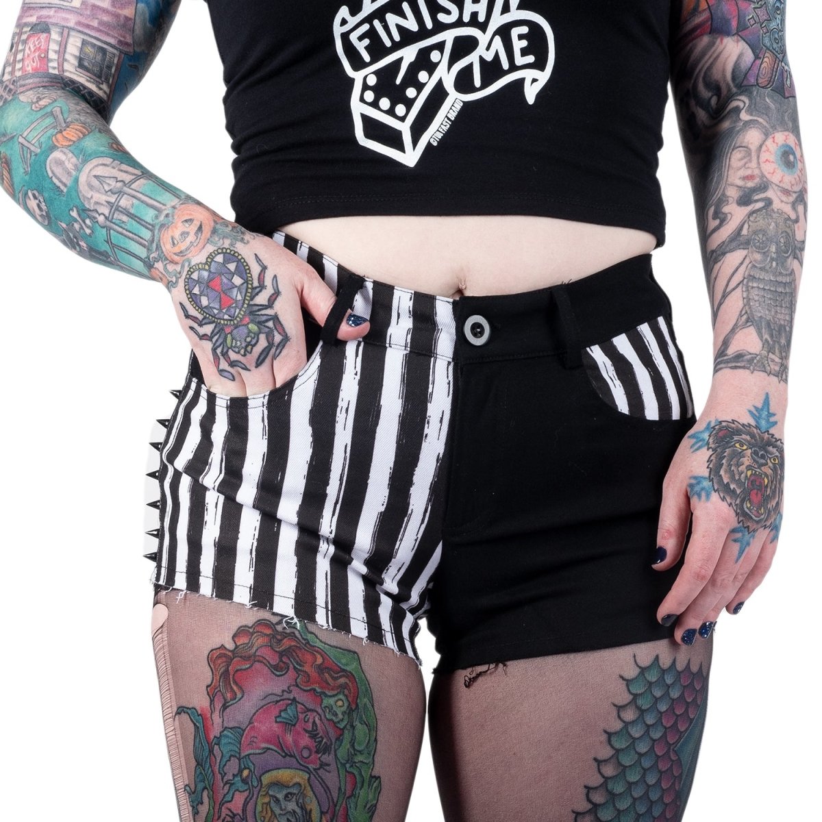 Spiderweb Striped Studded Denim Shorts – Too Fast