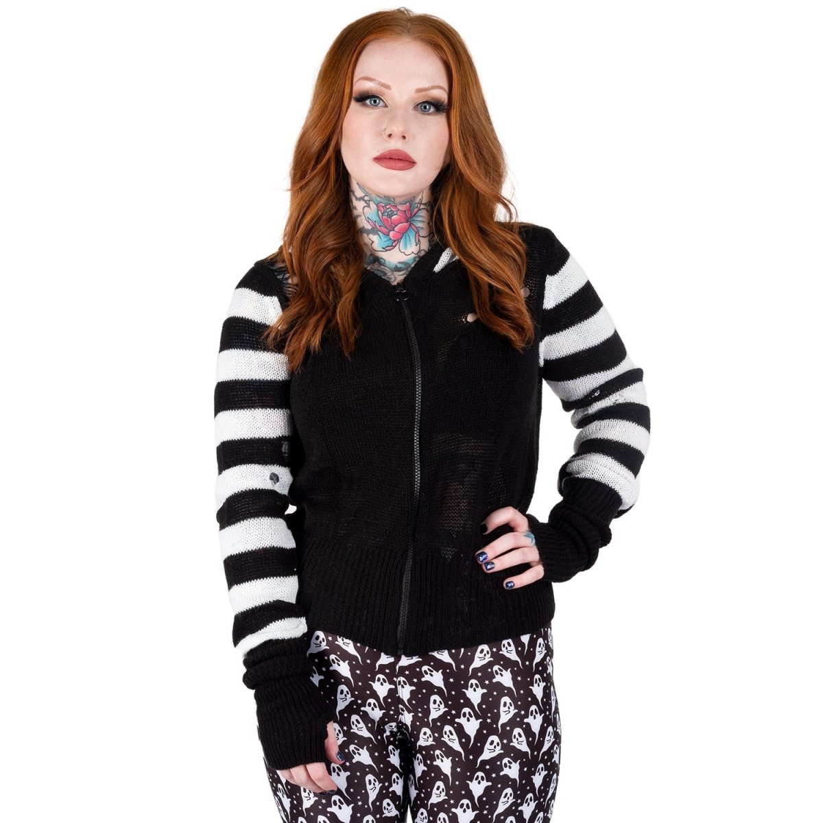 Too Fast | Spooky Ghost Zip Up Long Sleeve Cardigan Sweater