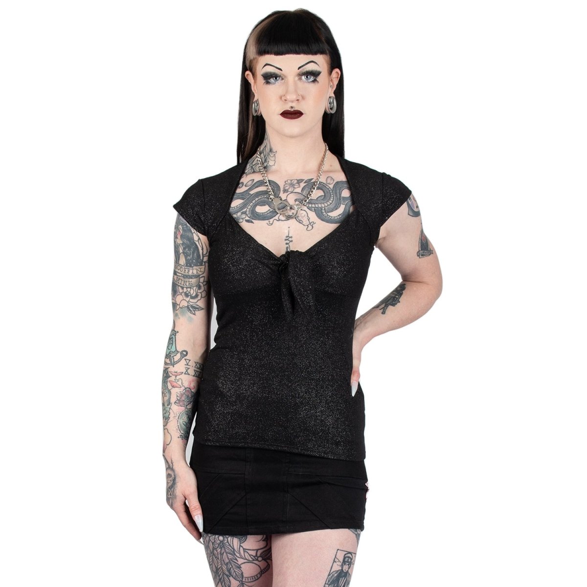 Too Fast | Switchblade Stiletto | Black Glitter Dame Tie Top