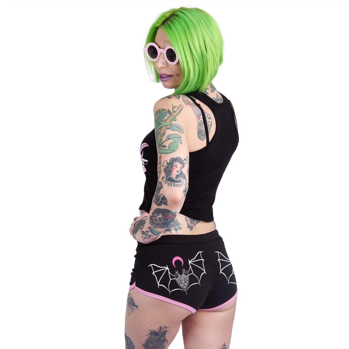 Too Fast | Two Headed Occult Bat Pink Trim Short Shorts